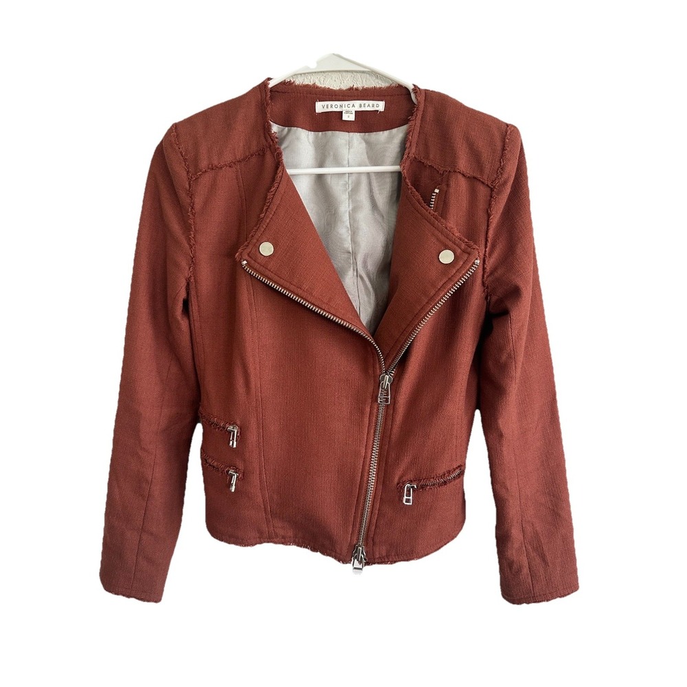Veronica Beard Stevie Moto Jacket Rust Terracotta Fringe Zip Up Long Sleeves 2